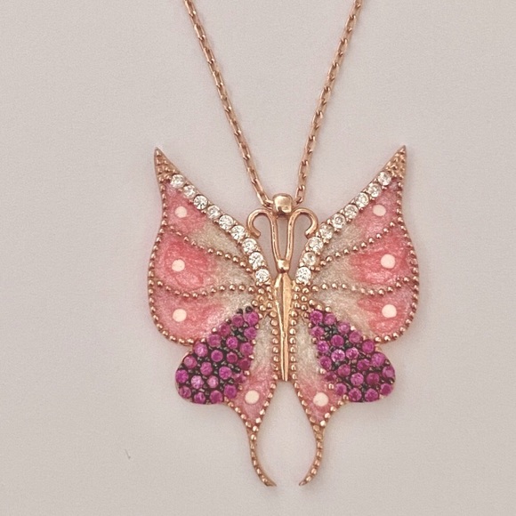 Jewelry - Butterfly necklace 925 silver white pink enamel cz